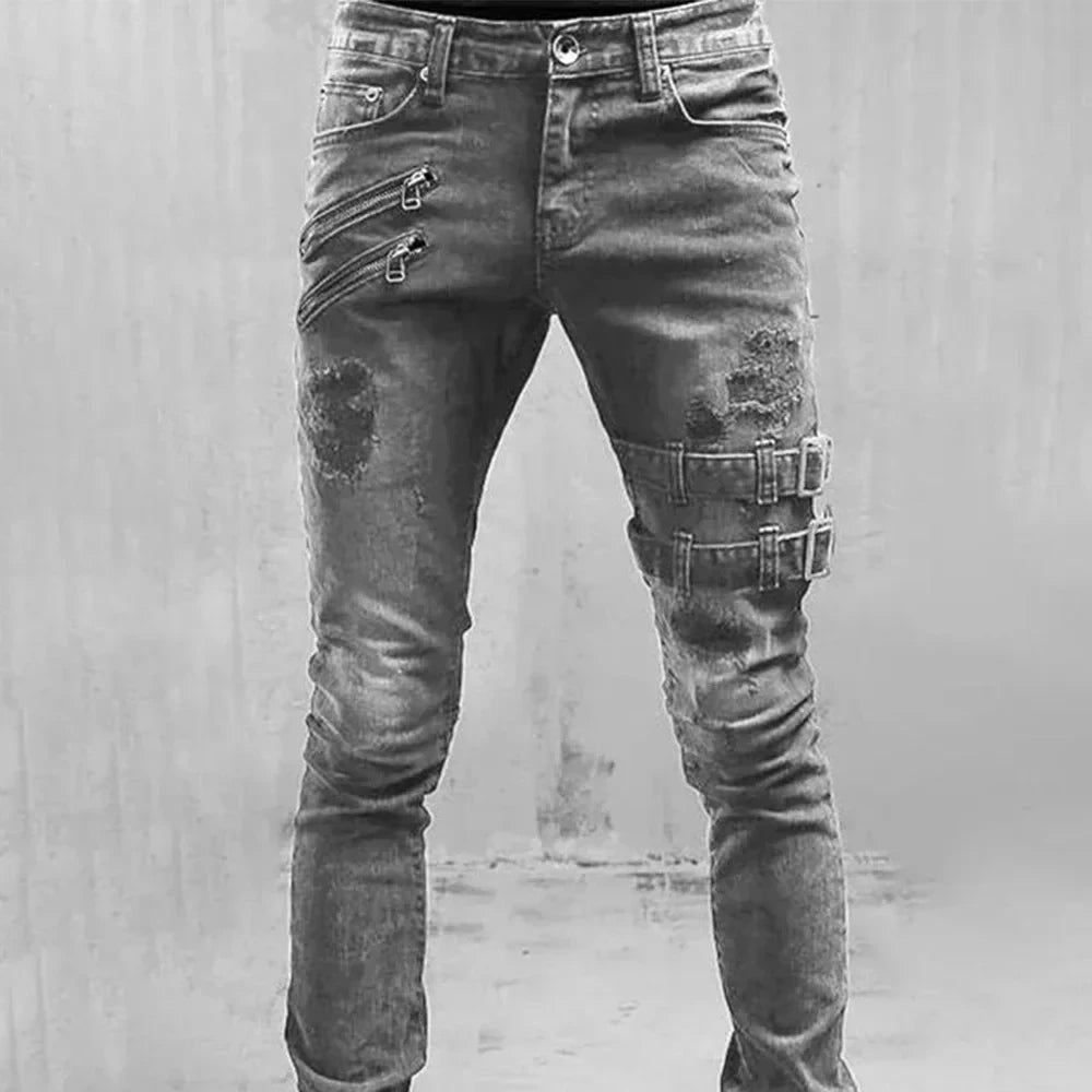 Retro thigh double zipper straight leg jeans men's street wear tight denim pants