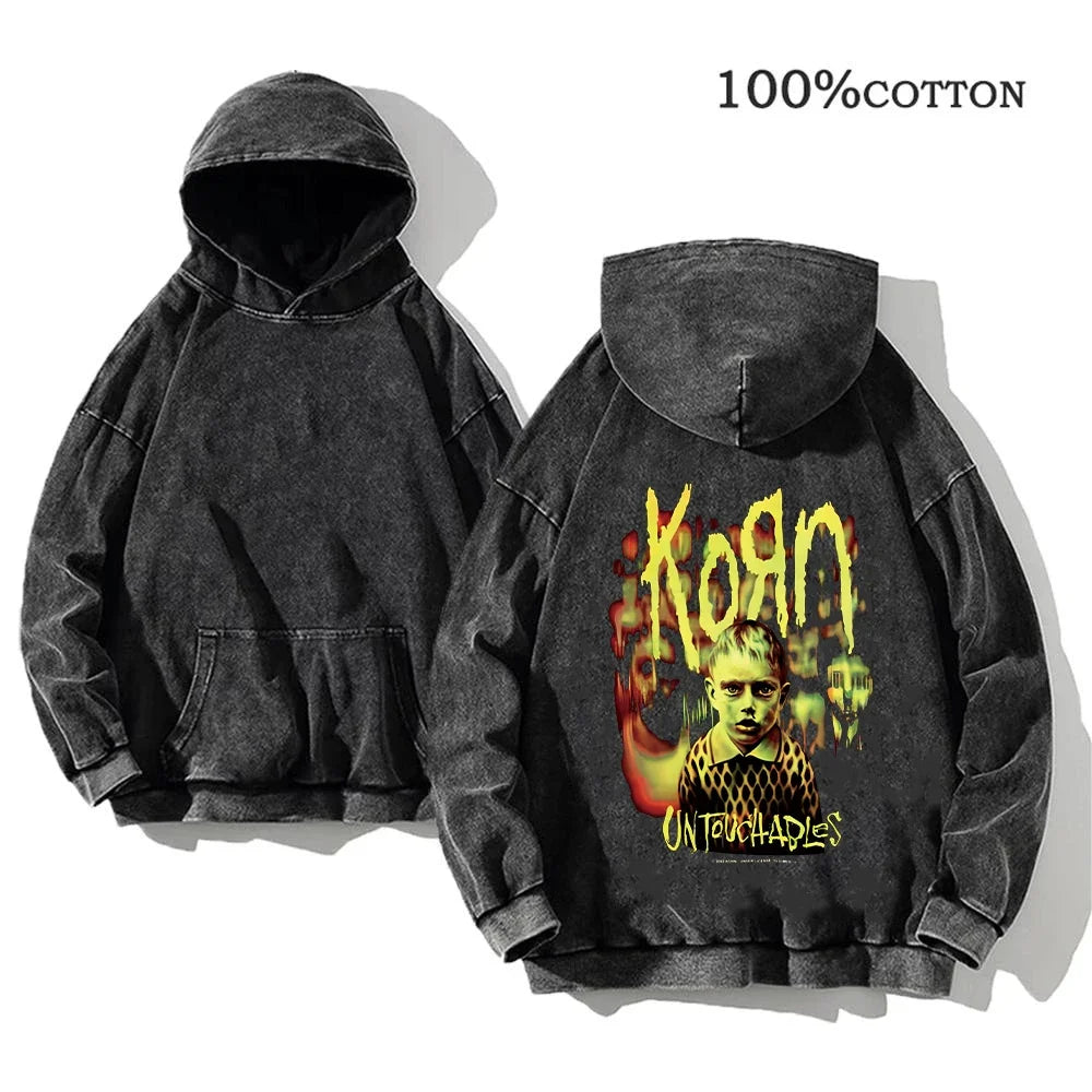 Korn World Tour Hoodies Vintage Washed Men's Sweatshirts Cotton Streetwear Hooded Pullover
