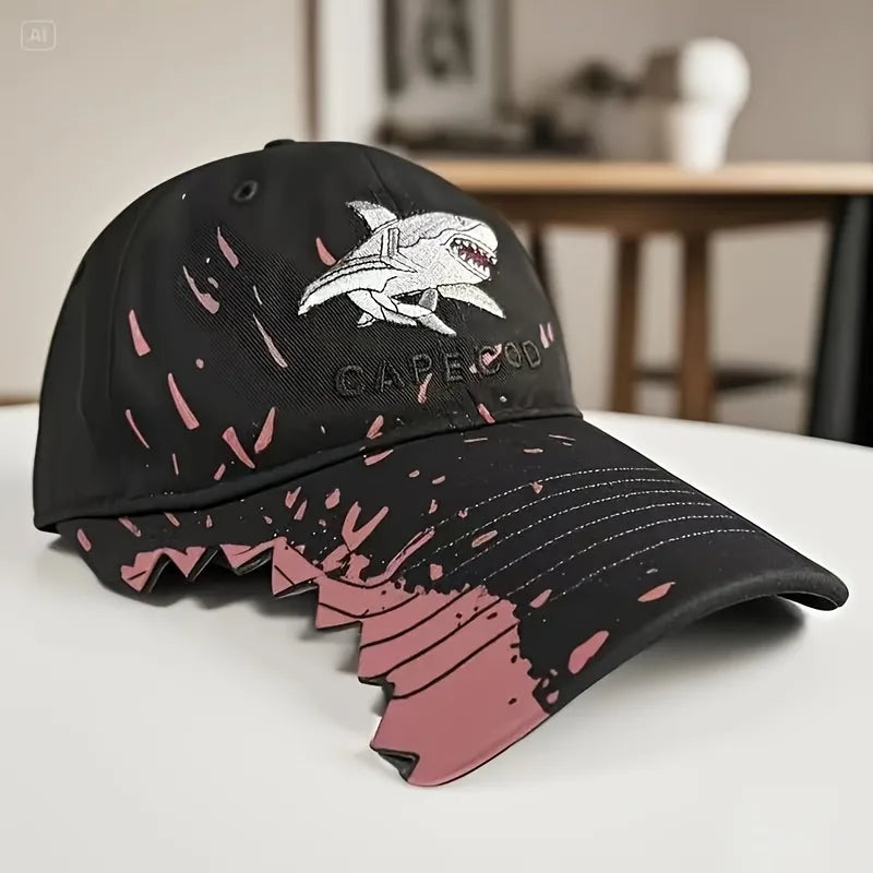 Unisex Shark Embroidered Baseball Cap - Funky Black with Pink Accents Durable High-Quality Fabric