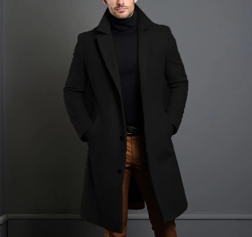 Men Elegant Woolen Jacket with Lapel Pockets Slim Solid Color Collar Trench Coat