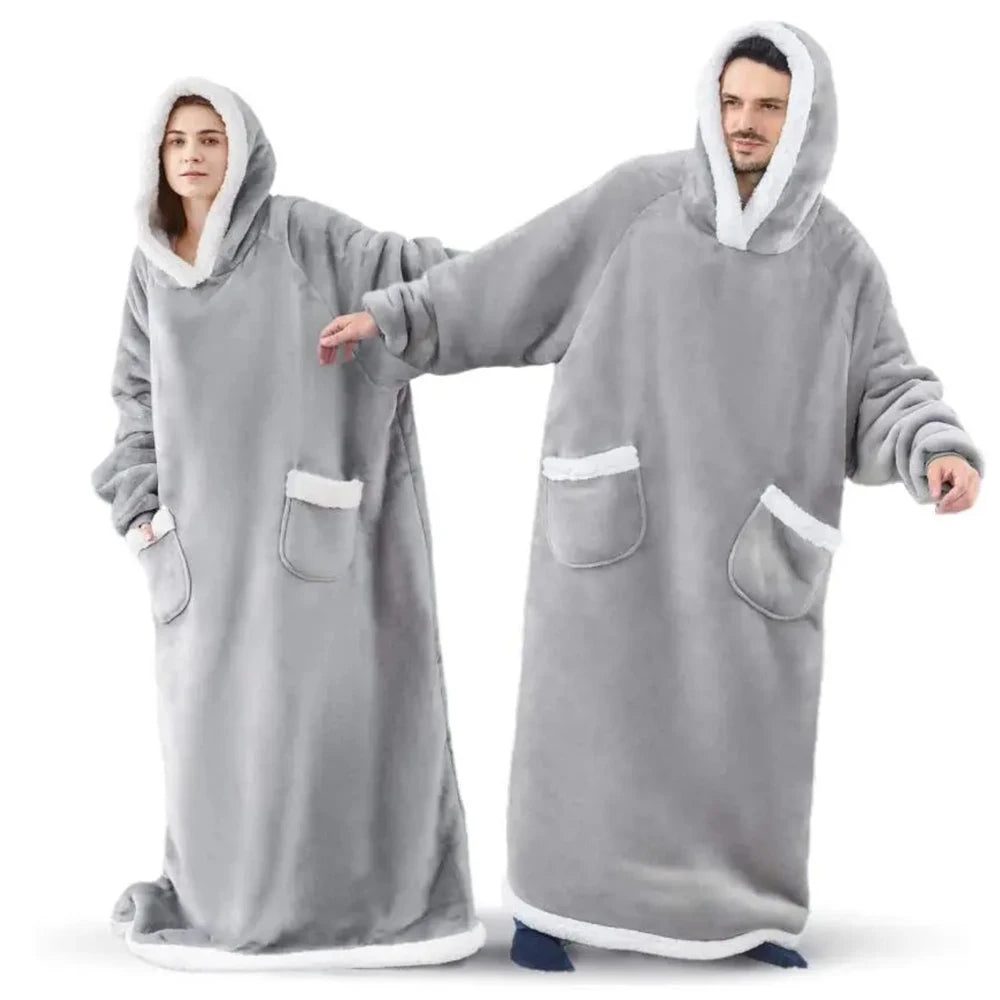 Super Long Flannel Blanket Pajamas with Sleeves Hoodies Unisex Pullover