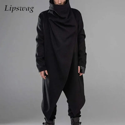 Men's Irregular Solid Color Oversize Mantle Long Sleeve Turtleneck Trench Coat