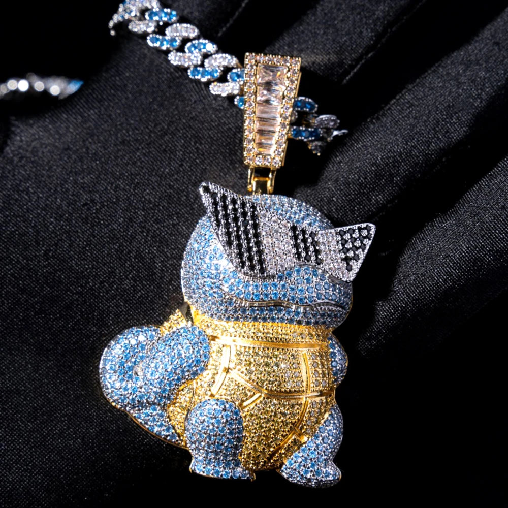 Iced Out Bling Squirtle Pendant Necklace Micro Pave Color Hip Hop Men's Jewelry