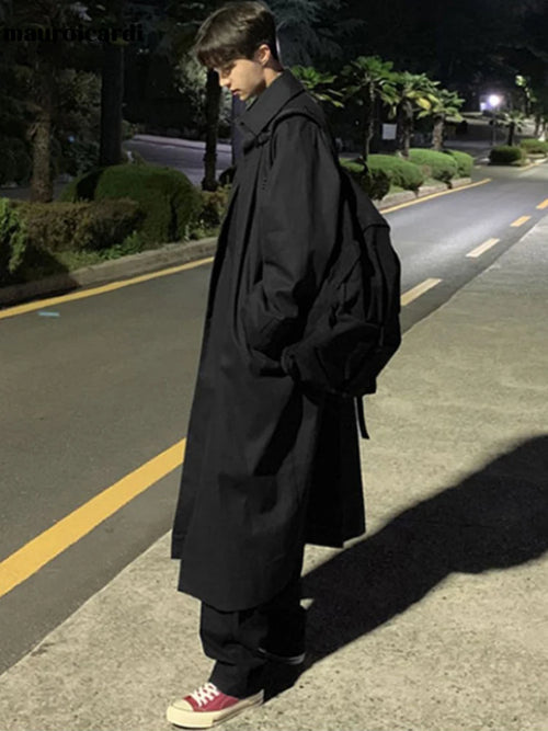 Long Oversized Trench Coat Men Raglan Sleeve Single Breasted Korean Fashion