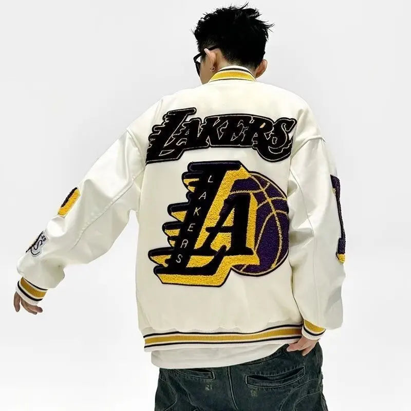 Men's LA Lakers print Jacket Loose Fit Patchwork Casual Jacket