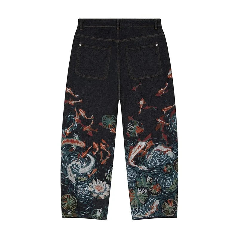 Loose Comfortable Jeans Vibrant Koi Fish Lotus Embroidery Chinese Wide Leg Jeans Men Streetwear