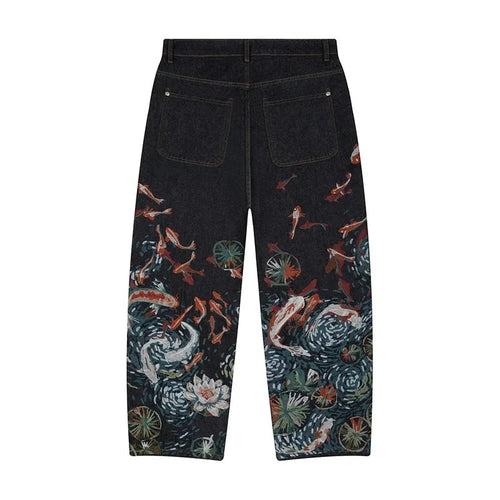 Loose Comfortable Jeans Vibrant Koi Fish Lotus Embroidery Chinese Wide Leg Jeans Men Streetwear