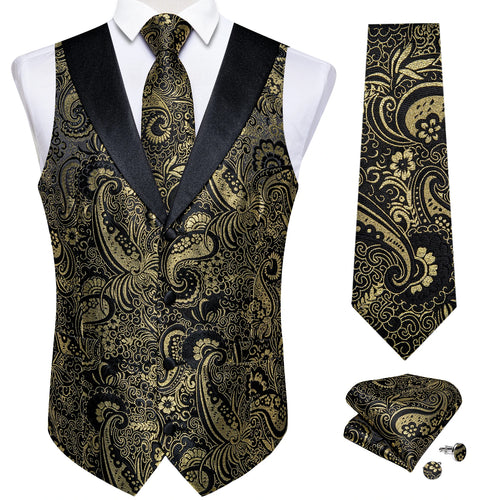 Men's Paisley Silk Suit Vest with Matching Neck Tie Handkerchief Cufflinks Tuxedo Waistcoat