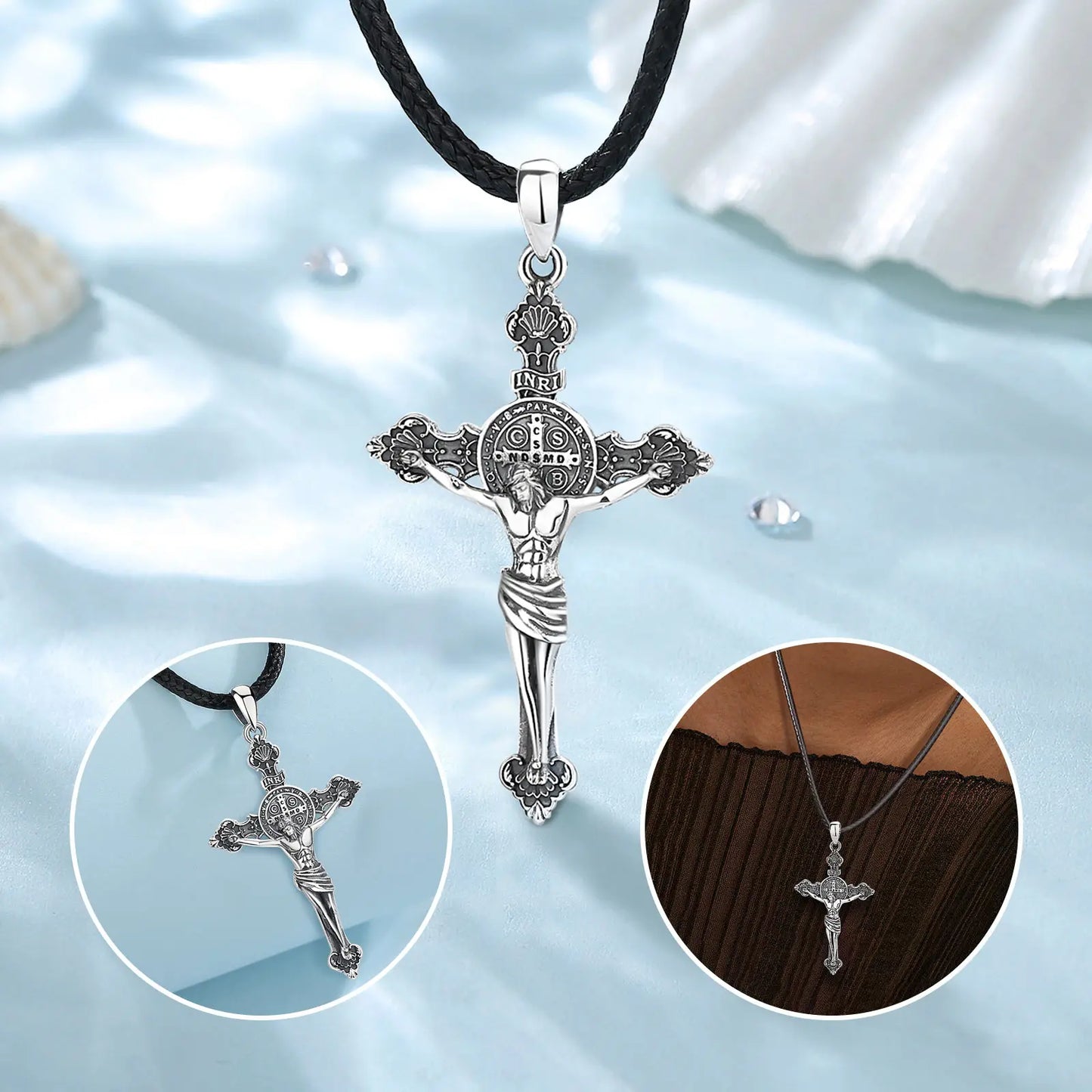 925 Sterling Silver Jesus St. Benedict's Cross Vintage Amulet Pendant Jewelry for Men