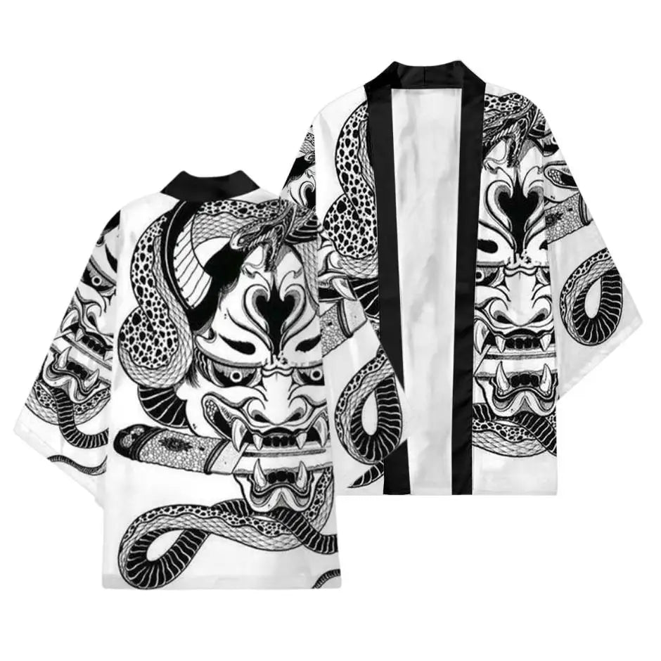 Men Demon Dragon Pattern Printed Kimono Cardigan Japanese Traditional Cloak