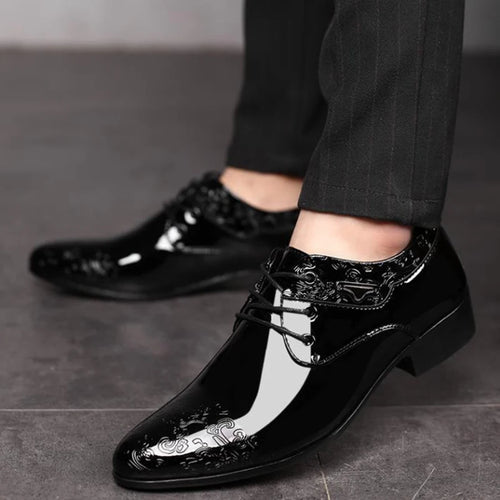 Men Dress Shoes Lace Up Formal Black PU Leather Brogue Oxfords