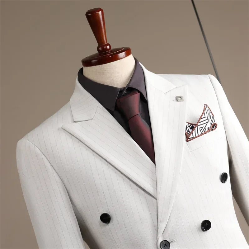 High-end Double-breasted Striped Suit for Men Casual Dress