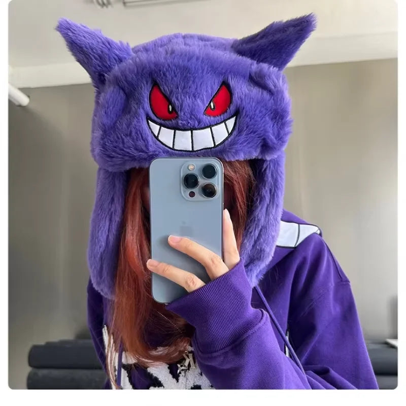Pokemon Gengar Plush Ski Windbreak Hats Cartoon Warm Cosplay Cap Outdoors Caps