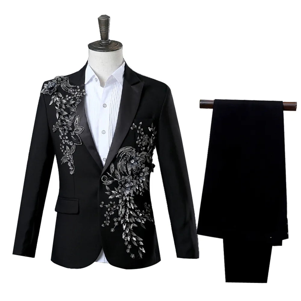 Elegant Appliqued Two-piece Men's Suit Blazer Chinese Style