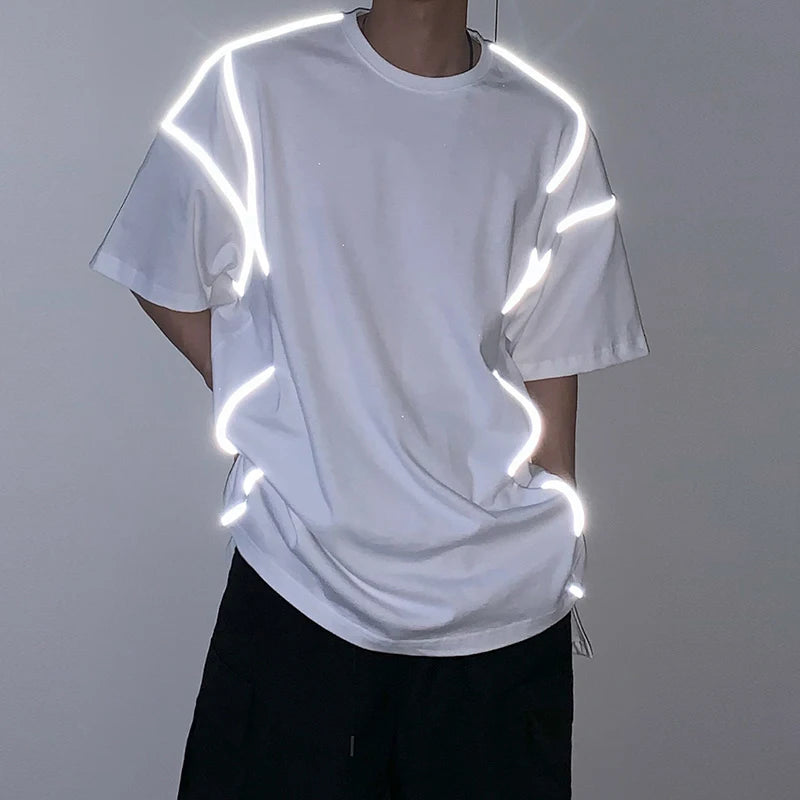 Men's T-shirt Reflective Short-sleeved Cotton Loose Fit Tops Round Neck