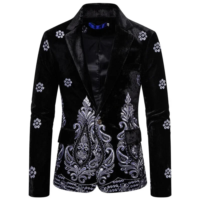 Floral Embroidery Luxury Velvet Formal Slim Fit Single Button Men's Suit Jacket
