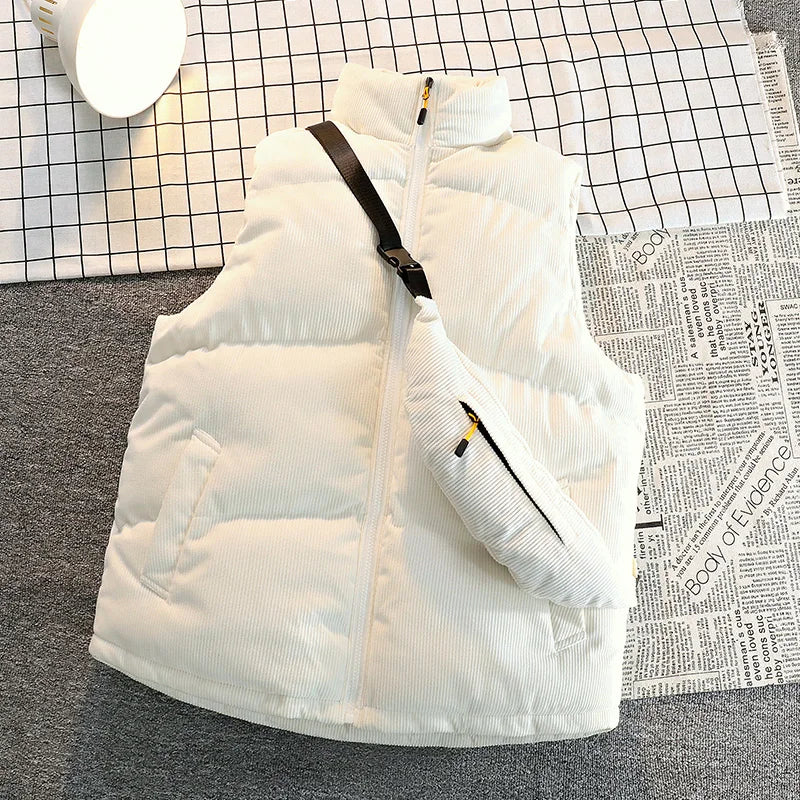 Men's Winter Big Size Vests Solid Cotton Waistcoat Puffer with Bag