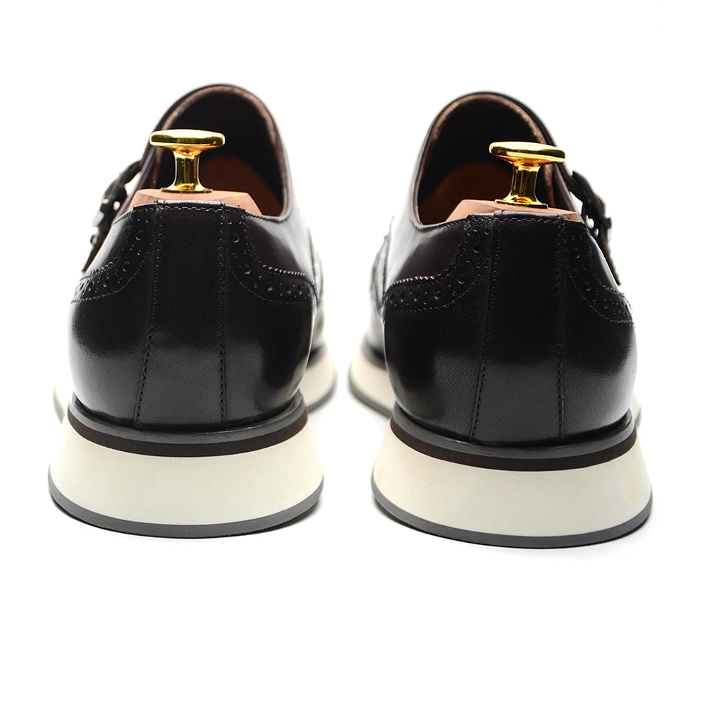 European Men's Genuine Leather Double Monk Strap Wingtip Oxfords Brogue Dress Shoes