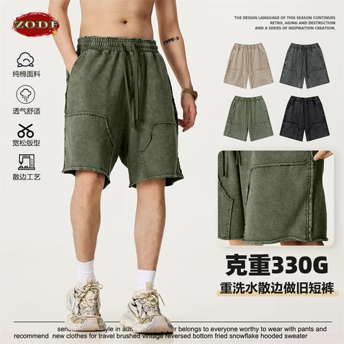 Retro Men Batik Washed Cotton Unisex High Street Loose Fit Distressed Shorts