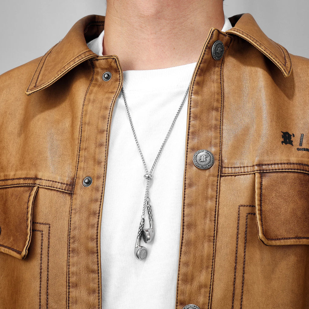 Wired Earphones Men Necklace With Pendant Stainless Steel Jewelry