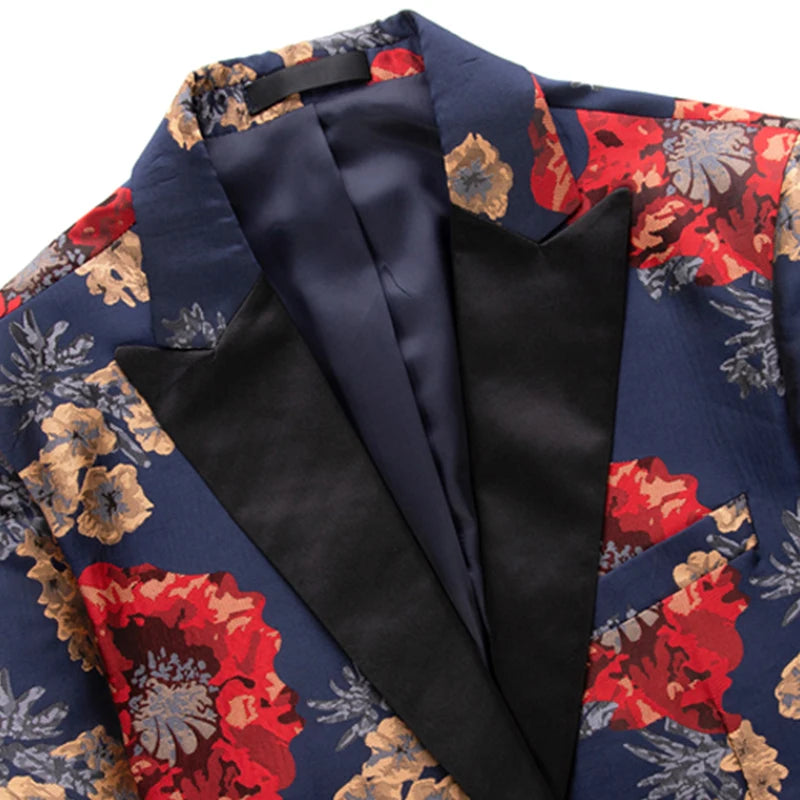 Peak Lapel Men Floral Suit Jacket Single Button Dress Coat