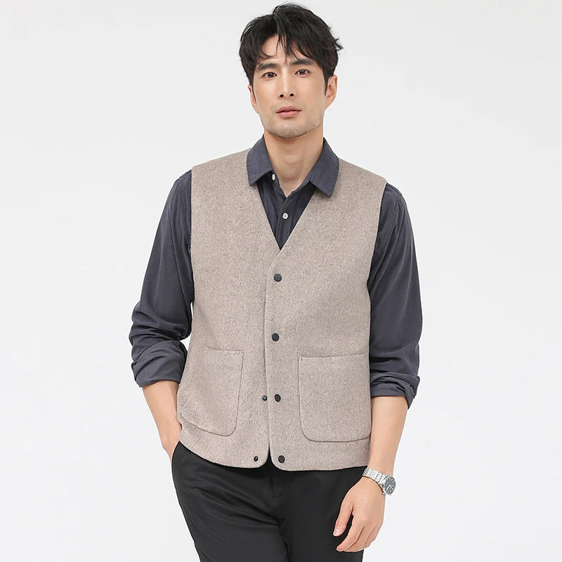 52.3% Sheep Wool Waistcoat Men Trendy Classic V-Neck Single Breasted Vest