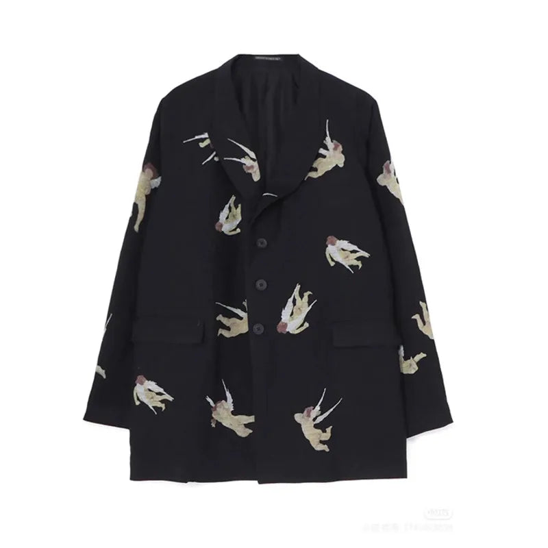 Men's Linen Blend Pattern Printed Blazer Niche Chic Straight Suit Pants