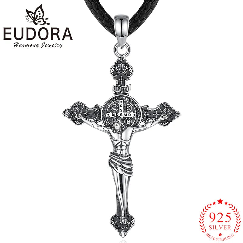 925 Sterling Silver Jesus St. Benedict's Cross Vintage Amulet Pendant Jewelry for Men