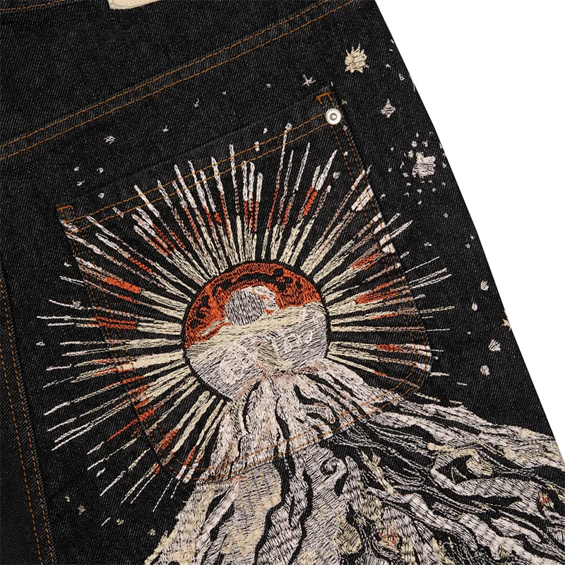 Creative Volcano Starry Sky Pattern Embroidery Design Straight Leg Jeans Men Streetwear