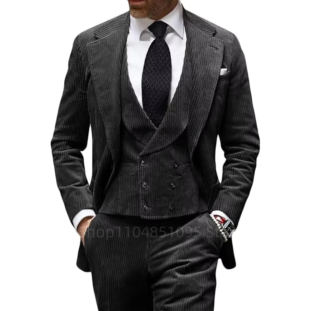 Corduroy Men's Suit Formal Tuxedo Slim Fit Blazer 3-piece Set Elegant Suit Men XS-6XL
