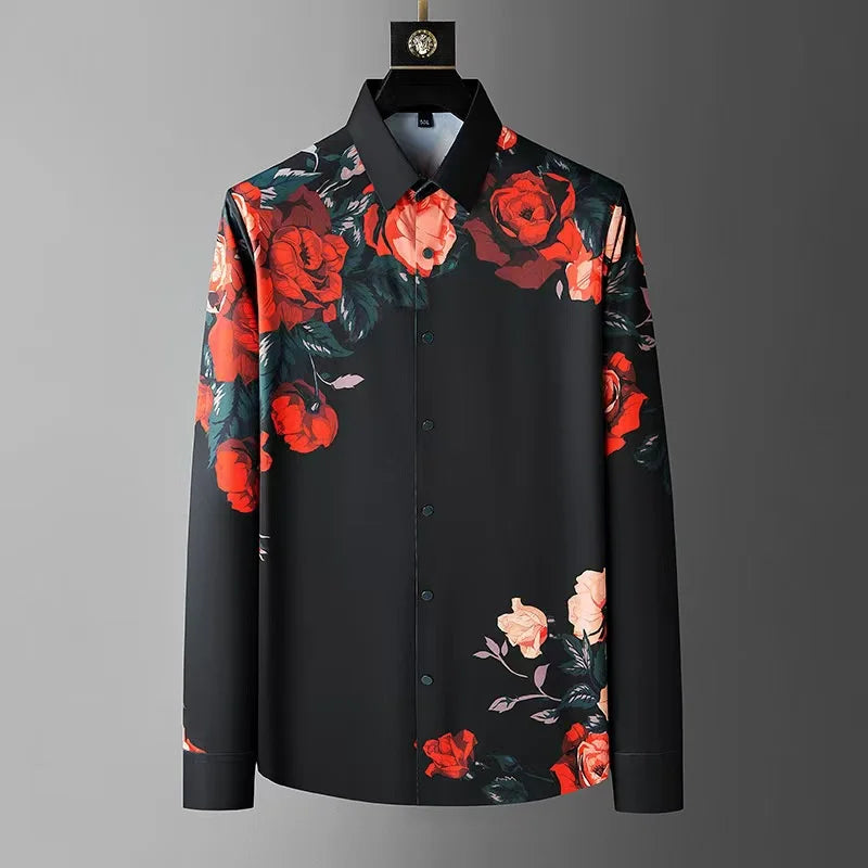 Men's Retro Printed Long Sleeve Spring Printed Collar Shirt Street Simple