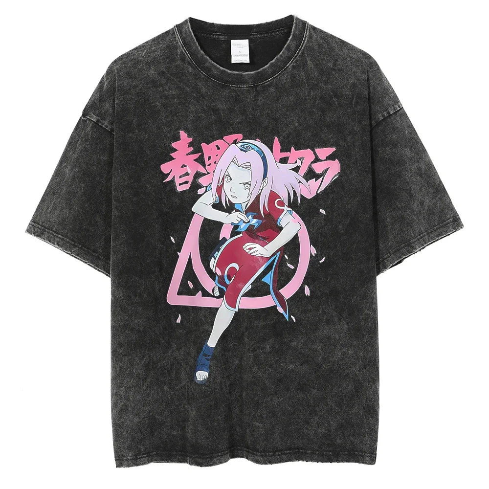Vintage Men Streetwear Anime Print Short Sleeve Cotton T Shirt
