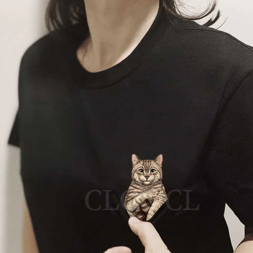 Cotton T-shirts Cartoon Tabby Kitten Double Middle Finger Pockets Shirts