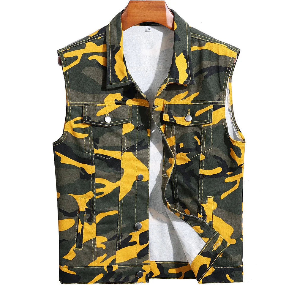 Men Camouflage Denim Vest Causal Loose Cotton Coat Streetwear Outerwear