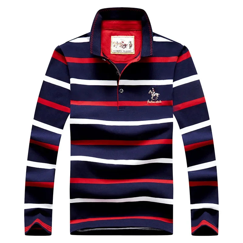 Men Cotton Long Sleeve Stripe Embroidery Casual Polo Shirt