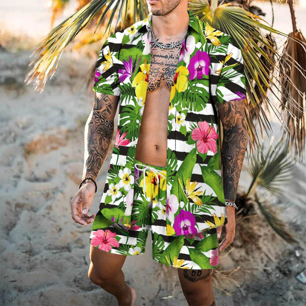 Hawaii Beach Men's Shirt Set Flamingo 3D Printed Loose Short Sleeve Shorts 2Pcs