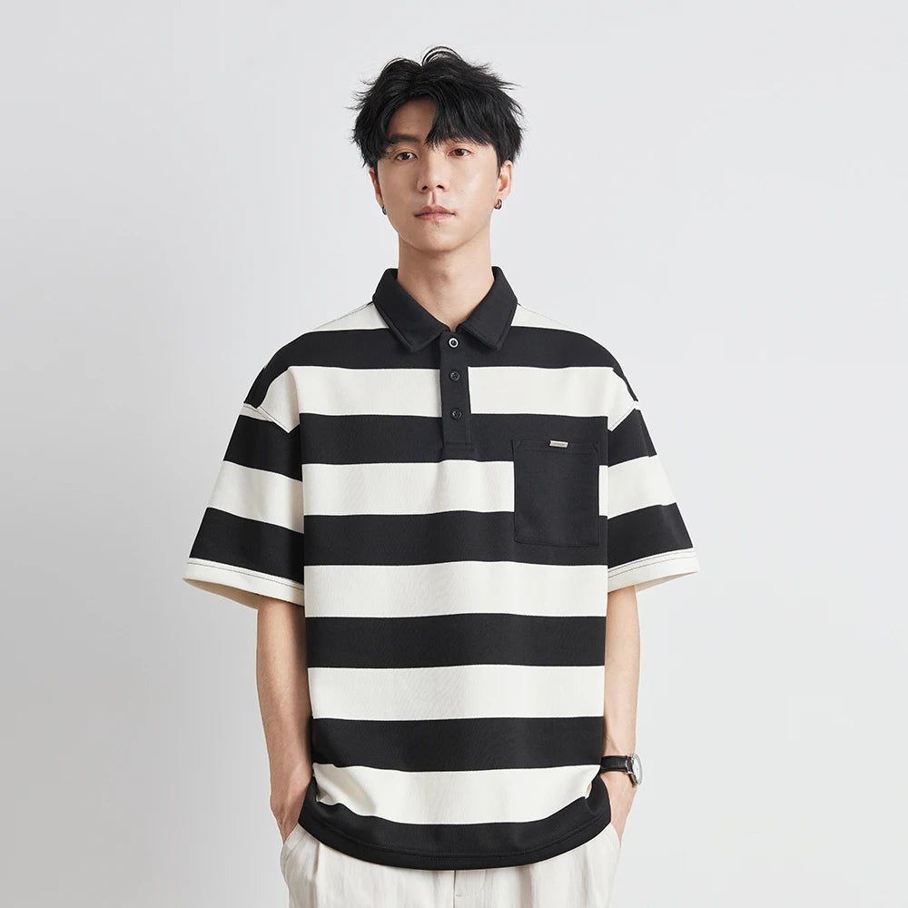 Korean Retro Striped Color Blocked Short Sleeved Men's Trend Loose And Versatile Polo Shirt