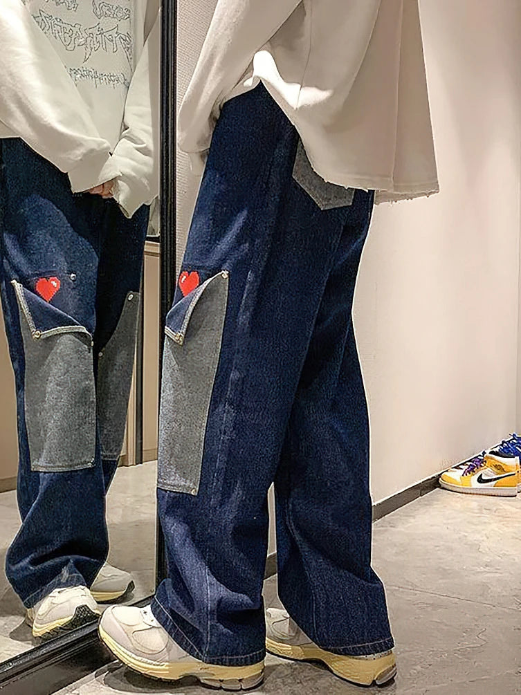 Wide Leg Baggy Cargo Jeans Men Heart Oversize Straight Denim Trousers Streetwear