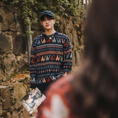 Ethnic Style Crew Neck Pullover Sweater Men Loose  Japanese Retro Thickened Outerwear