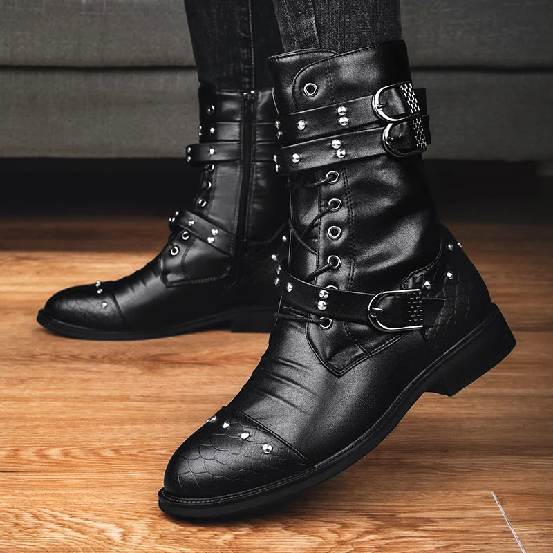 Men Leather Mid-calf Warm Black Gothic Belt Rivet Boots