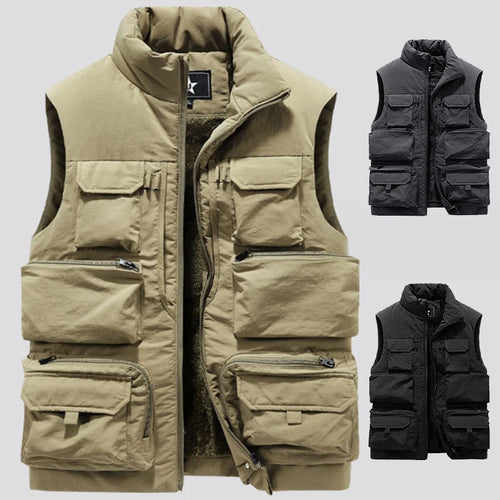Cargo Vest Thick Fleece Warm Solid Color Tactical Men Waistcoat
