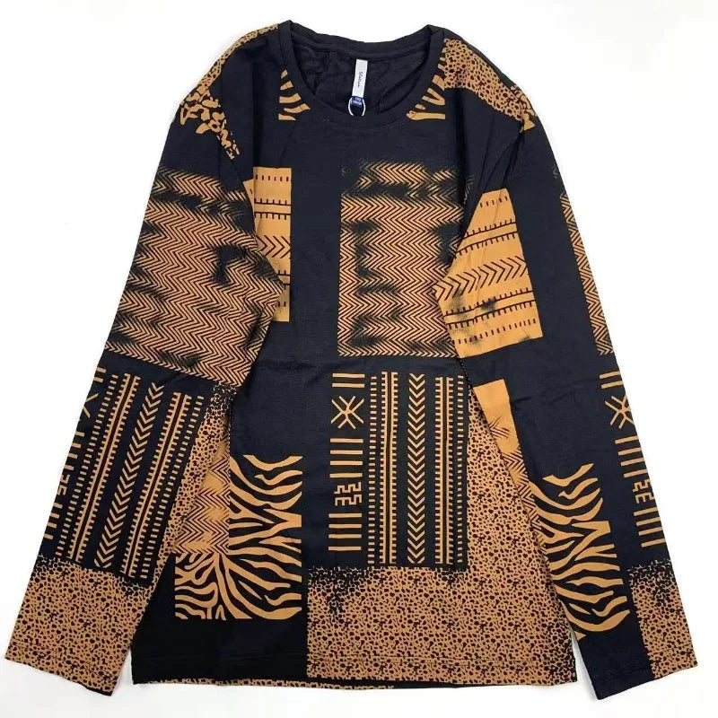 Western simple pattern men's long-sleeved T-shirt high street trend shirt loose pullover