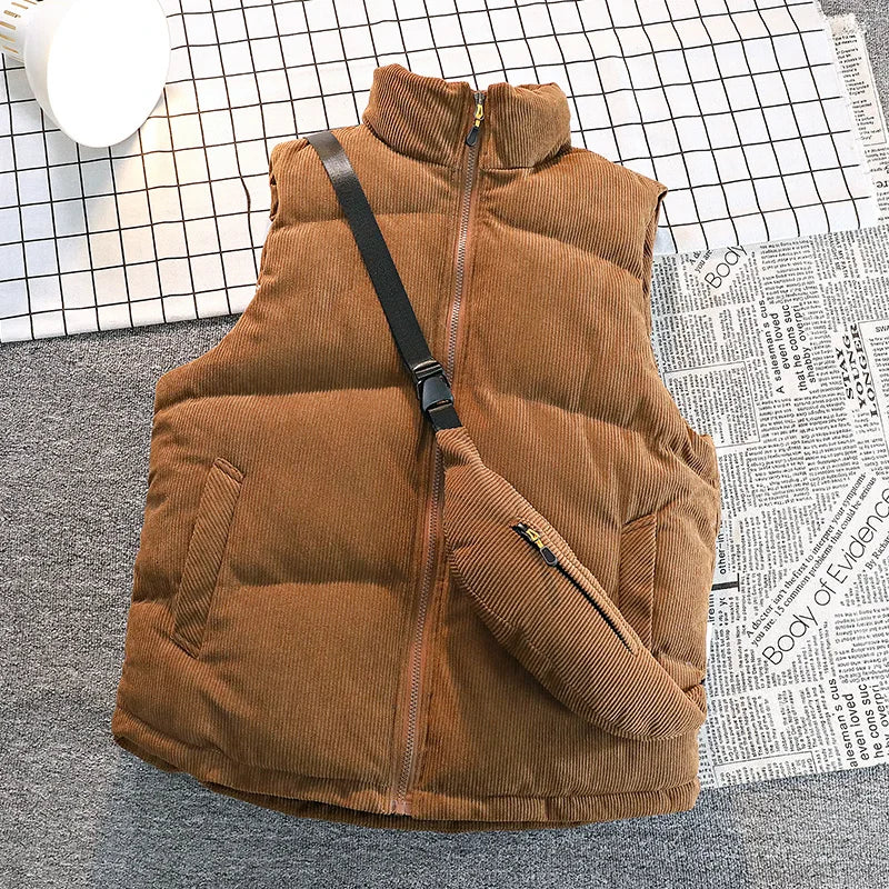 Men's Winter Big Size Vests Solid Cotton Waistcoat Puffer with Bag