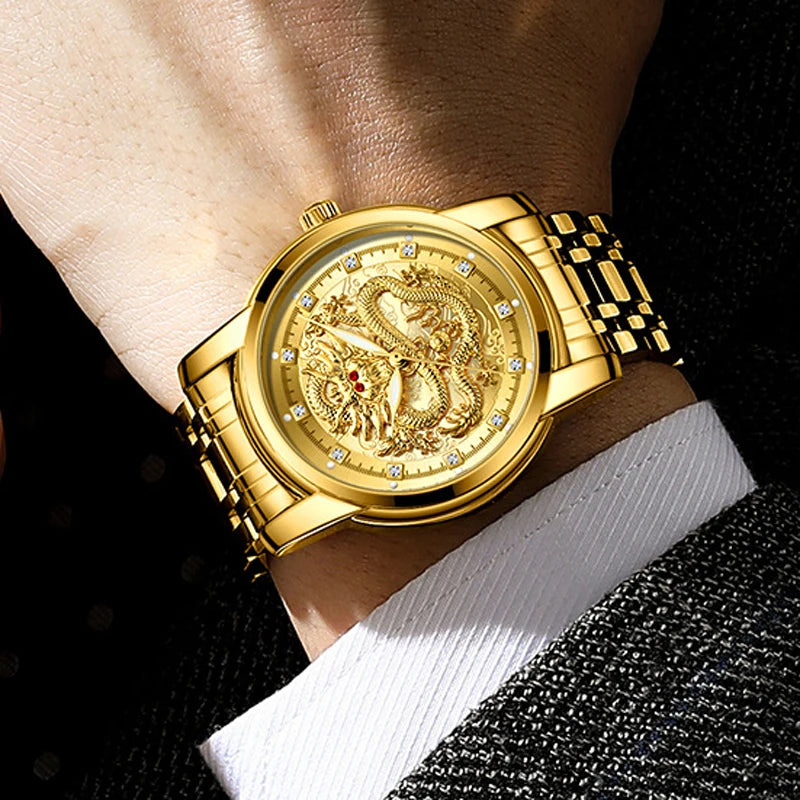 Men's Golden Luxury Watch Waterproof Stainless Steel Dragon Clock