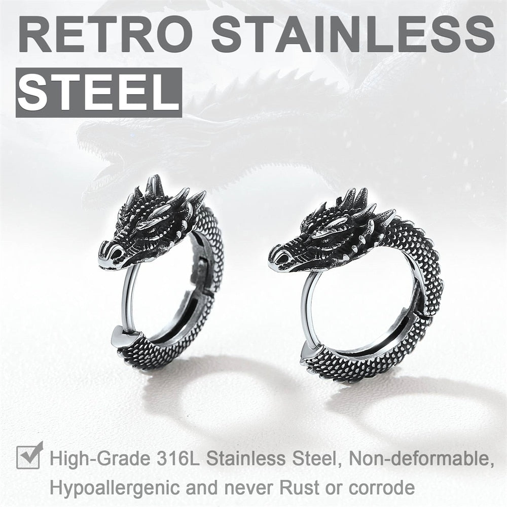 Stainless Steel Dragon Hoop Earring for Man Hypoallergenic 18K Gold