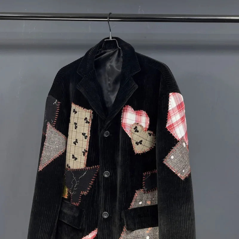 Man Tide Corduroy Patchwork Design Large Long Sleeve Suit-Coats Niche Chic Blazer