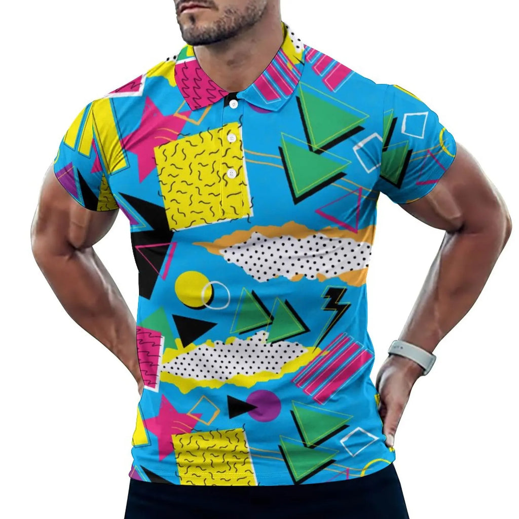 Multi Geometric Print Polo Mondrian Style Streetwear T-Shirts Collar Oversized Clothing