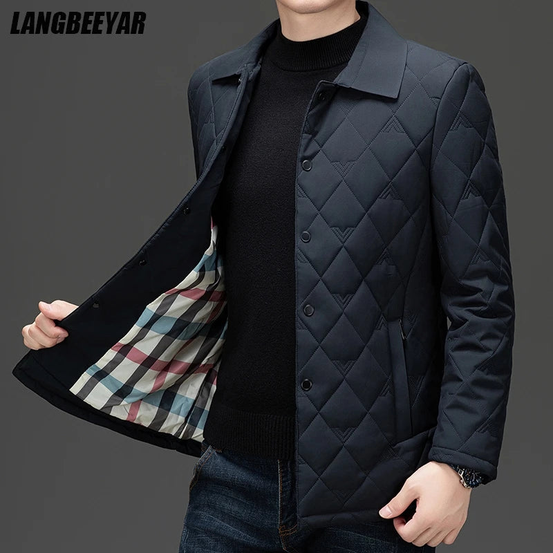 Top Grade Men Diamond Quilted Bubble Coat Parka Jacket Turn-Down Collar Coat
