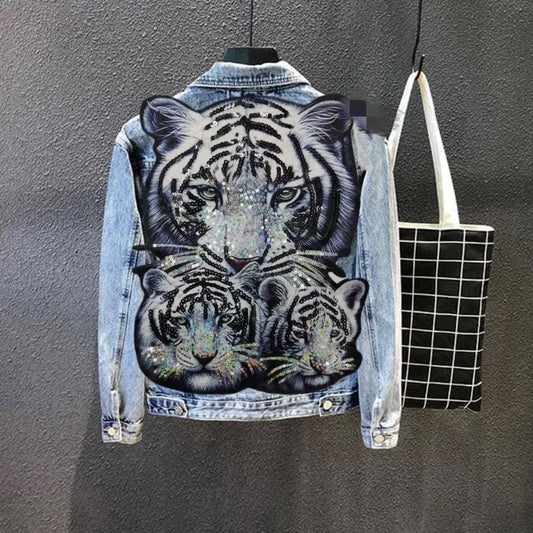 Tiger Head Embroidered Denim Jacket Men Streetwear Sequin Slim Fit  Jacket