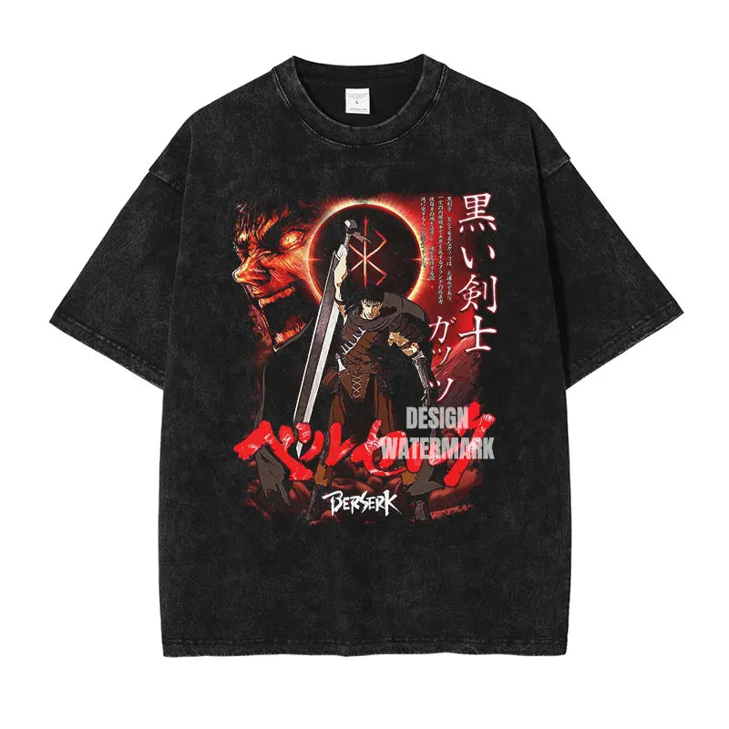 Berserk T-shirts Oversized Vintage Washed Short Sleeve Retro Manga Tops